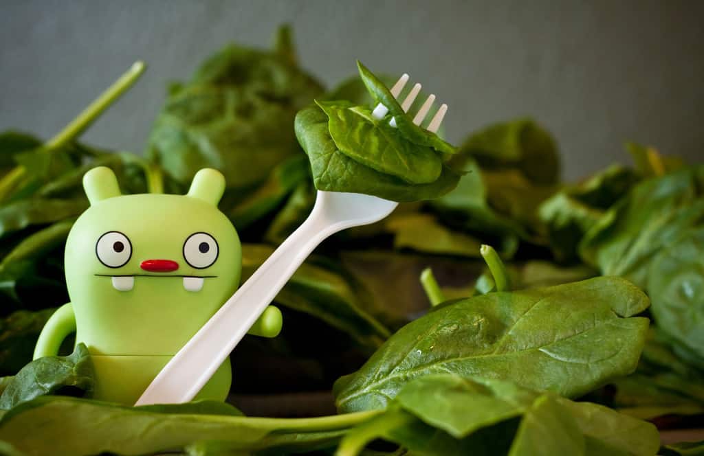 Toy green monster holding fork with fresh spinach