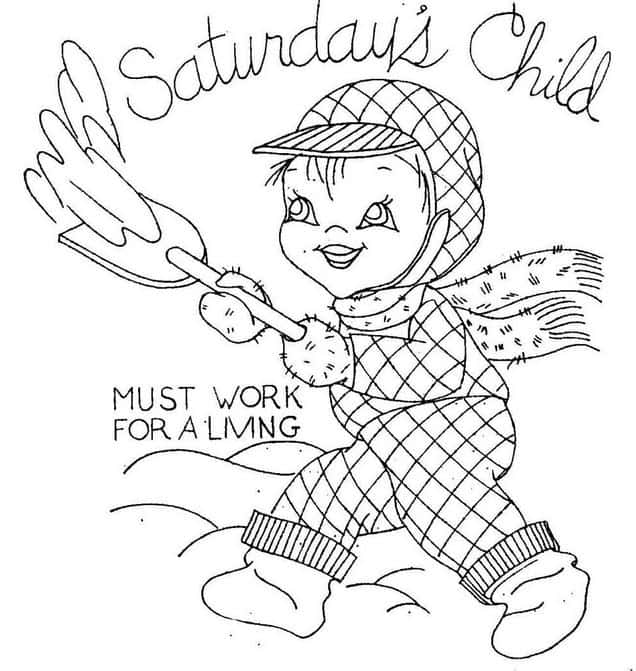 Saturday's child works hard for a living. Boy shoveling snow.