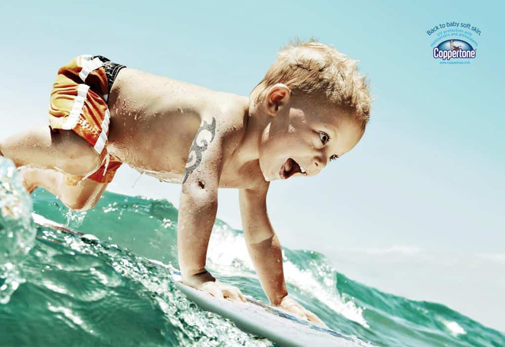 Baby Surfing in Coppertone Sunscreen Ad