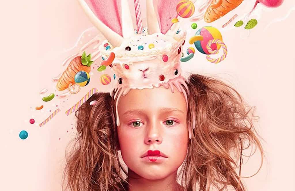 Artwork of Girl with heart lipstick with Candy and Cake on Head