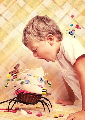 Artwork of boy yelling at cupcake