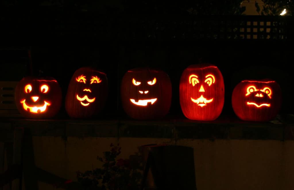 5 Jack o Lanterns Sitting on a Fence
