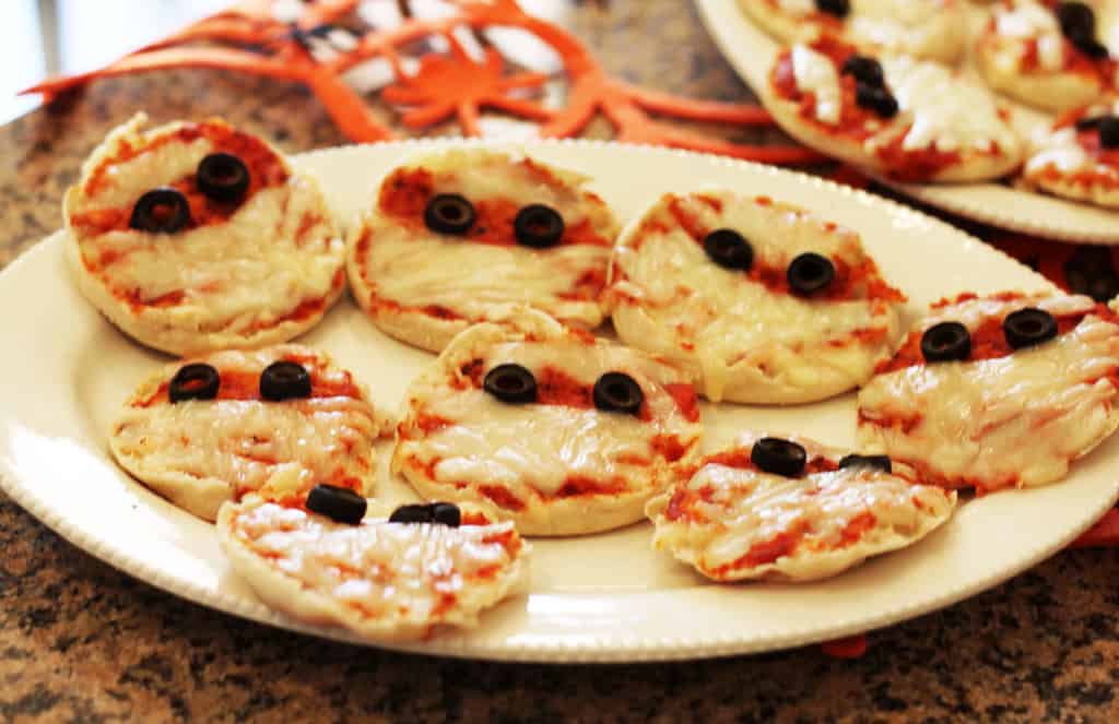 English muffin mummy pizzas for Halloween