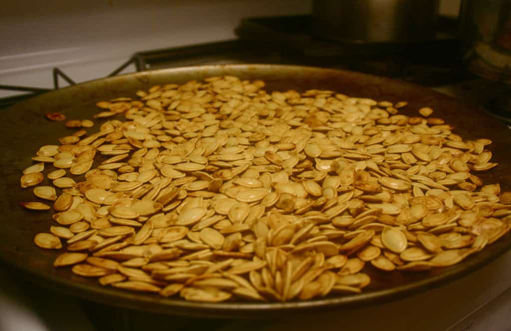Pan of seeds pan roasting on stove